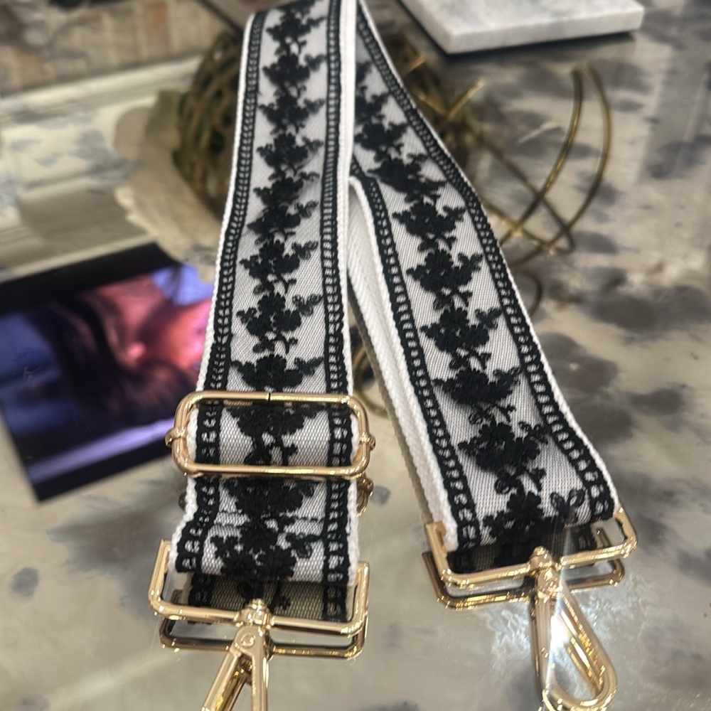 Guitar Strap Elegant Black and White Floral Lace Trim